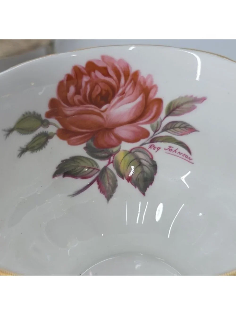 Paragon England Antique Rose Tea Cup & Saucer Signed Reg Johnson Gold Fushia